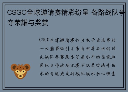 CSGO全球邀请赛精彩纷呈 各路战队争夺荣耀与奖赏