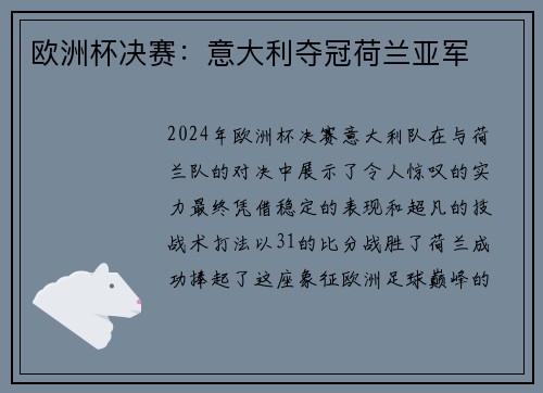 欧洲杯决赛：意大利夺冠荷兰亚军
