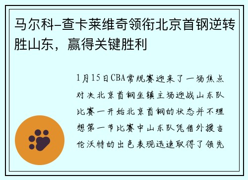 马尔科-查卡莱维奇领衔北京首钢逆转胜山东，赢得关键胜利