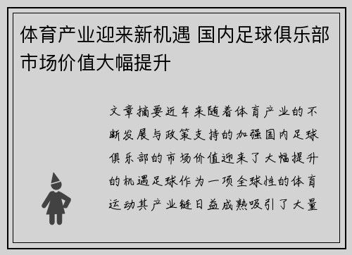 体育产业迎来新机遇 国内足球俱乐部市场价值大幅提升